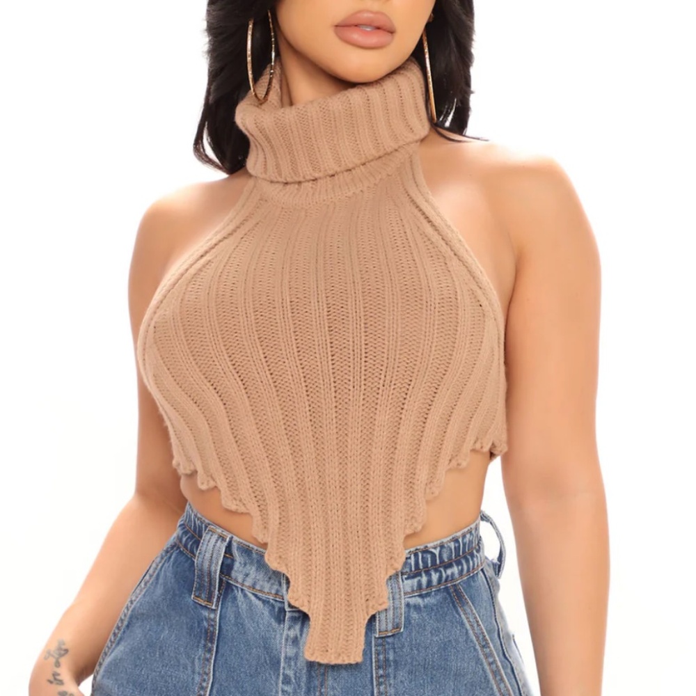 Sweater Crop Turtleneck Halter Top in Taupe